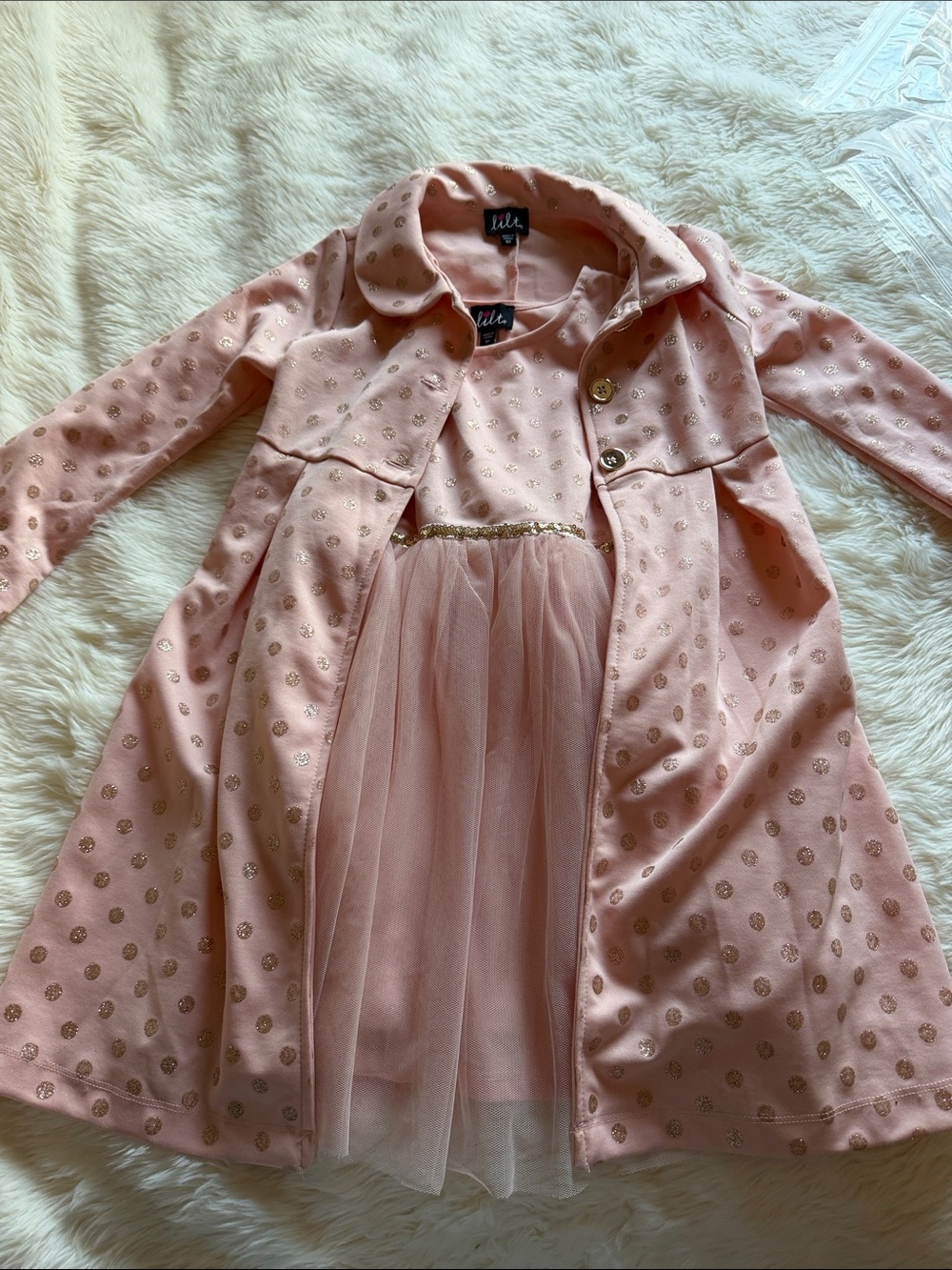 lilt Pink Coat with Gold Dot Accents and Matching Tulle Dress